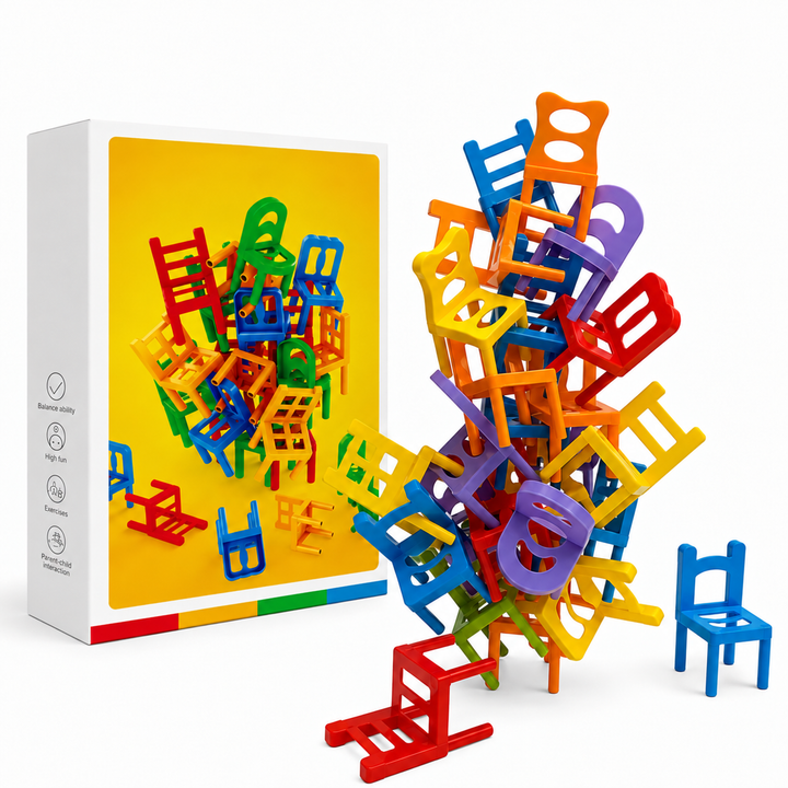 Colorful miniature chairs stacked beside the game box on a white background