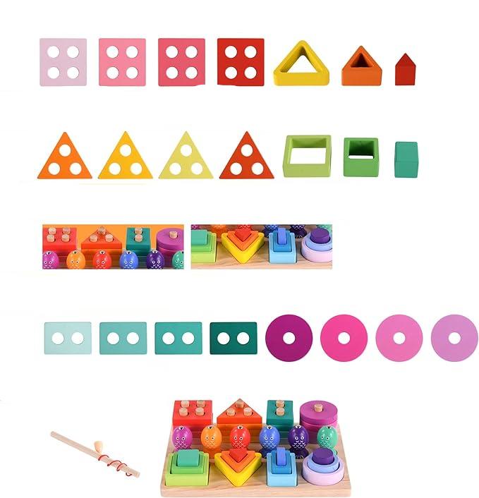 Colorful square, triangle, rectangle, and circle pieces arranged with the wooden fishing board