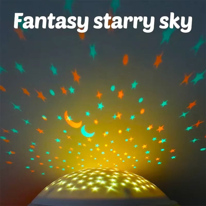 Multicolored stars and crescent moons projected onto a dark surface