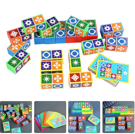 Colorful symbol blocks and pattern cards, with smaller views of card layouts and block arrangements