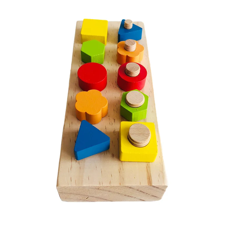 Assembled wooden fitting puzzle with colorful shapes arranged in two rows