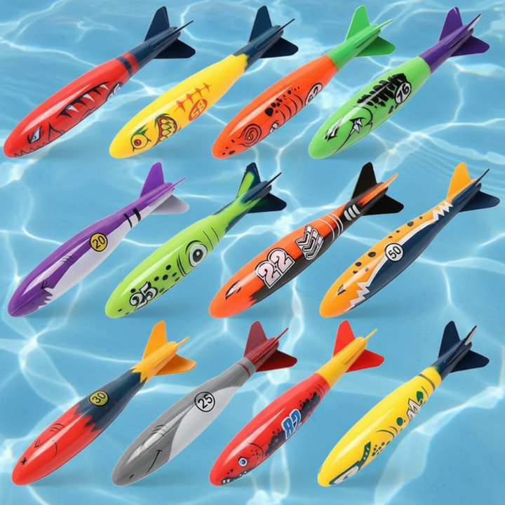 Twelve colorful torpedo-shaped pool diving toys with fins