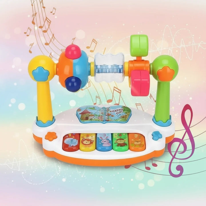 Colorful toy piano with five animal keys and a rotating activity bar against a musical backdrop
