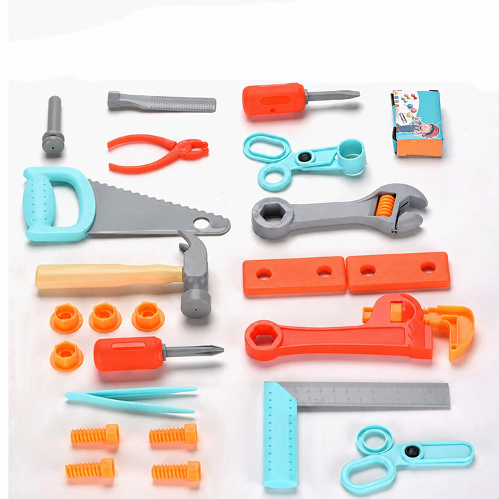 Colorful plastic toy tools, including a saw, hammer, wrenches, ruler, and play fasteners