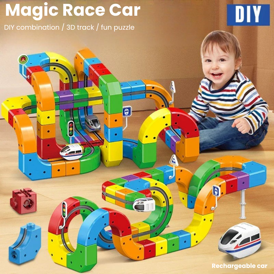 Colorful train building set showing two layouts, loose pieces, and a rechargeable white train