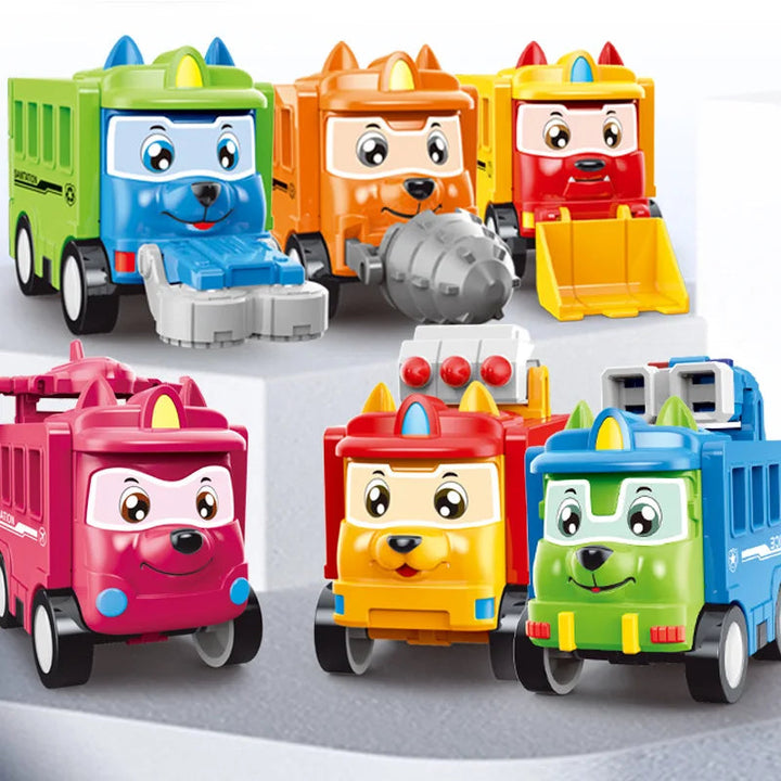Six colorful character toy trucks with construction and rescue vehicle details