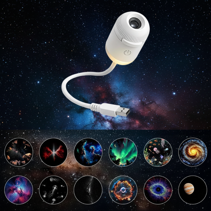 Galaxy lamp with twelve colorful space and nature disc previews