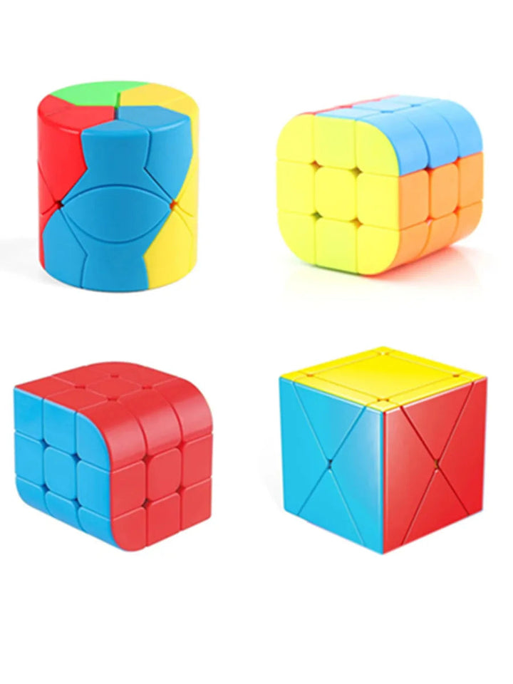 Four colorful twist puzzles with cube and cylinder designs
