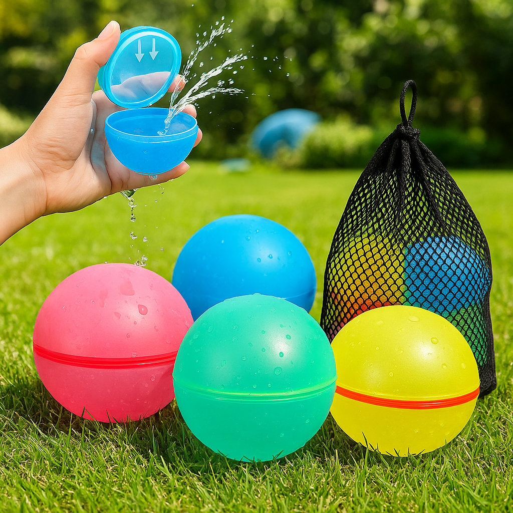 Open blue water balloon above four colorful balloons and a black mesh storage net on grass
