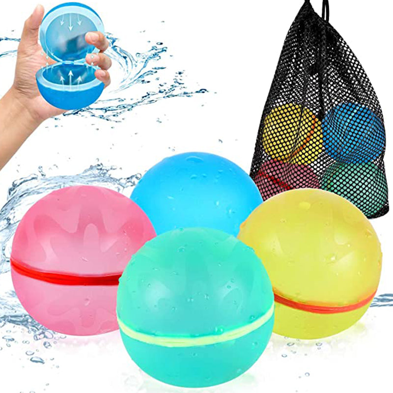 Pink, blue, green and yellow water balloons with a black mesh net and an opened blue balloon