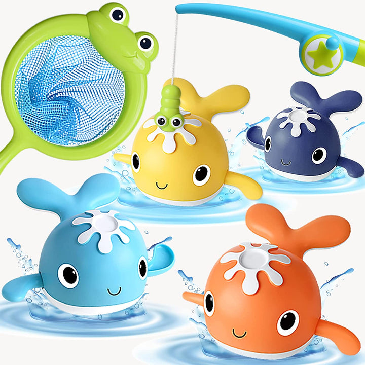 Four whale color options with a magnetic fishing rod and green frog-shaped net.