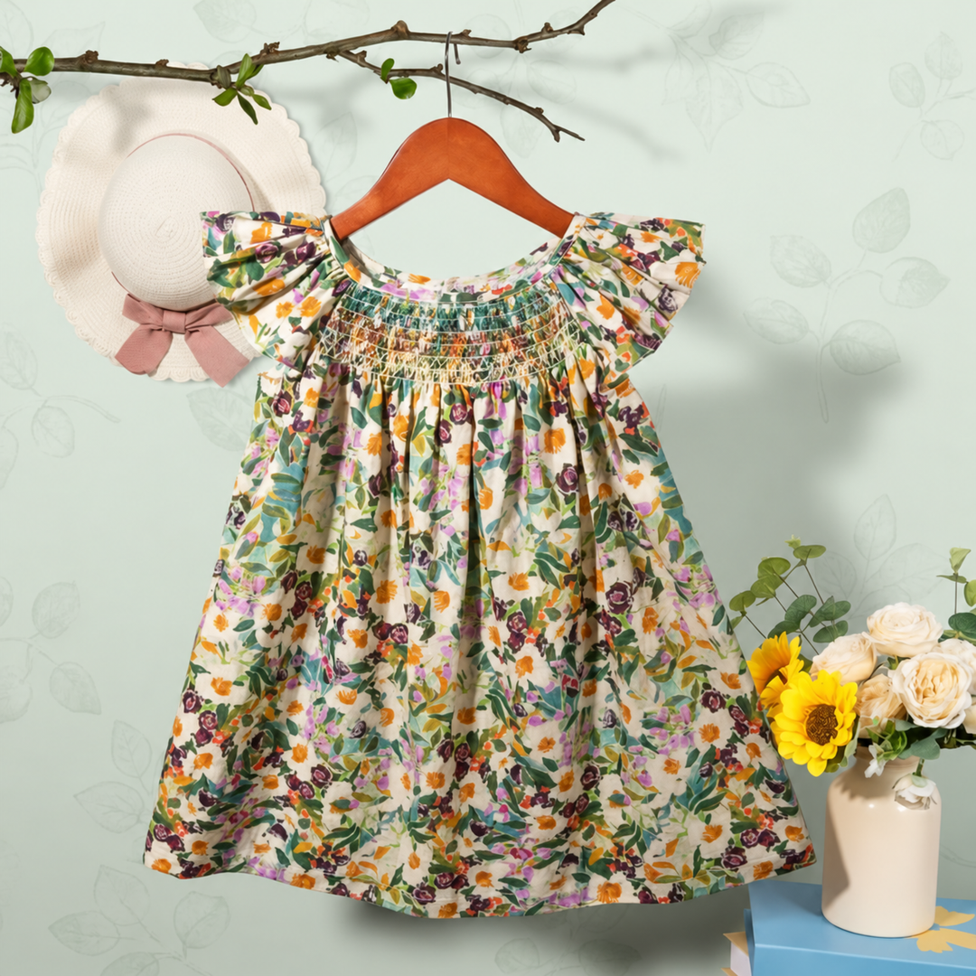 Multicolor wildflower-print dress with flutter sleeves, a smocked bodice, and a full skirt.