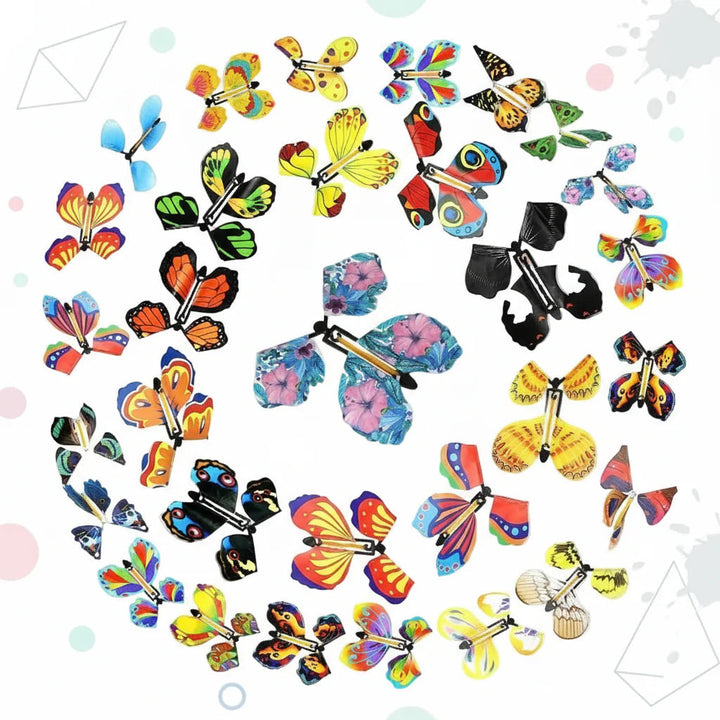 Assortment of wind-up butterfly toys with colorful patterned wings
