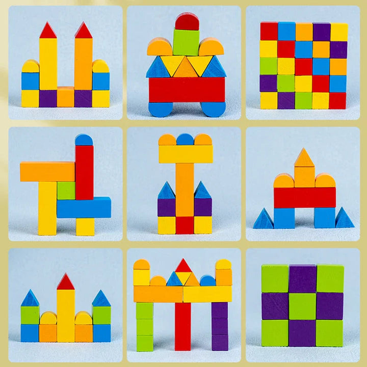 Colorful block designs arranged as towers, bridges, and checkerboard patterns.