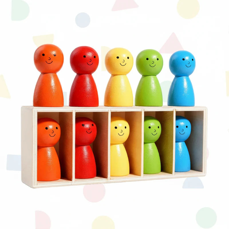 Colorful wooden figures arranged above matching figures in a five-compartment rack