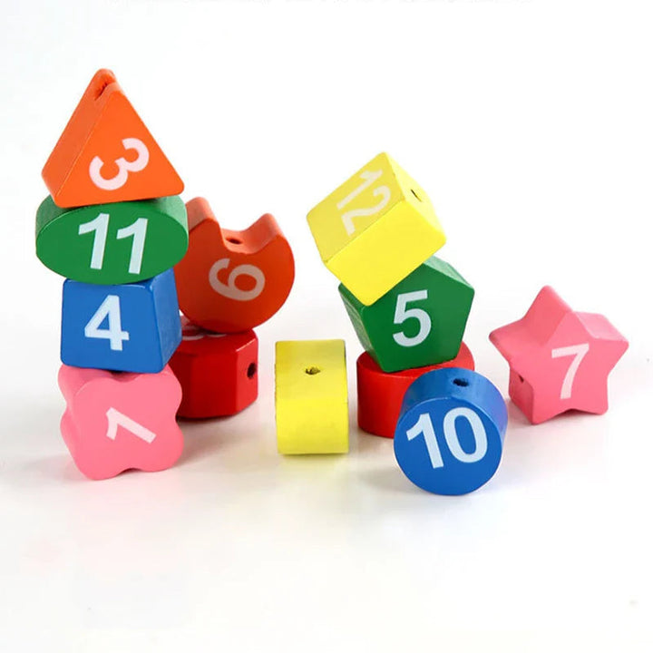 Colorful wooden number blocks in different shapes, stacked and arranged together