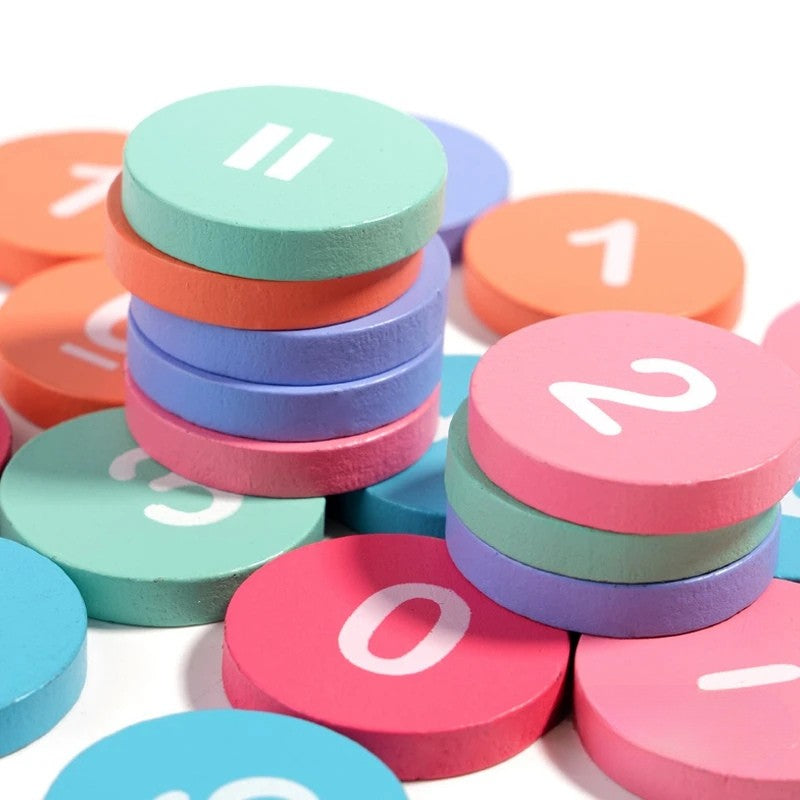 Close-up of colorful round number tiles stacked together