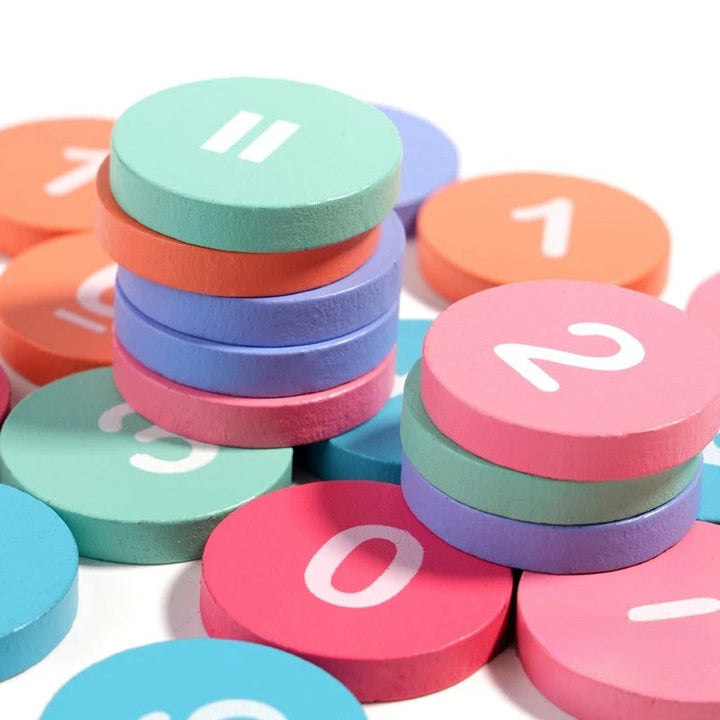 Close-up of colorful round number tiles stacked together