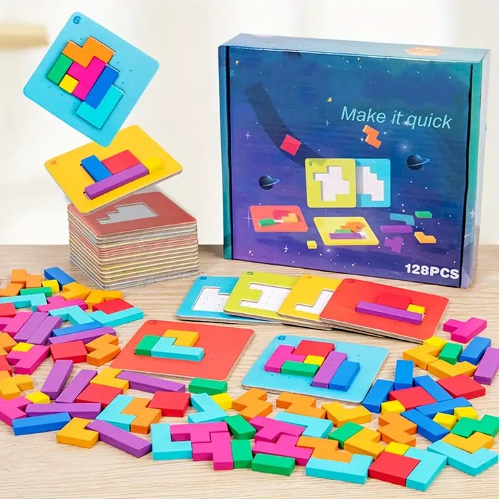 Colorful wooden puzzle pieces with patterned challenge cards and the game box