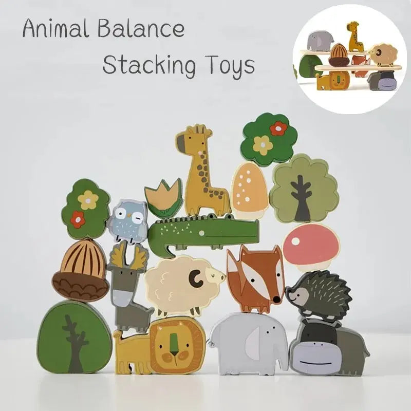 Colorful wooden animals and nature pieces arranged together in a compact stack.