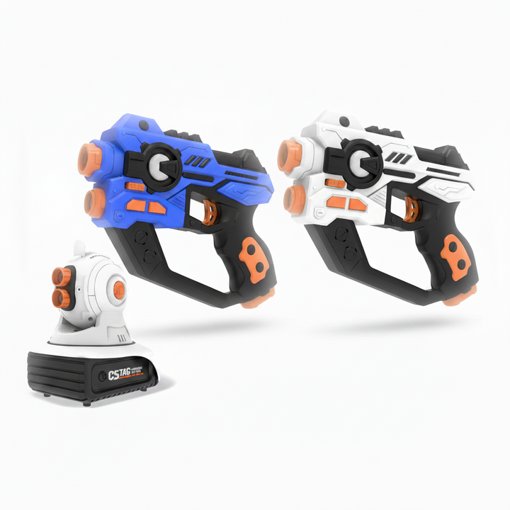 Combat Blaster set with one blue blaster, one white blaster, and a tabletop projector.