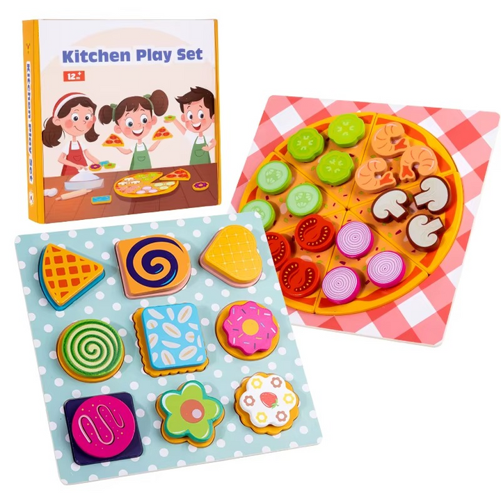 Combined wooden pizza and cookie play set shown with its retail box