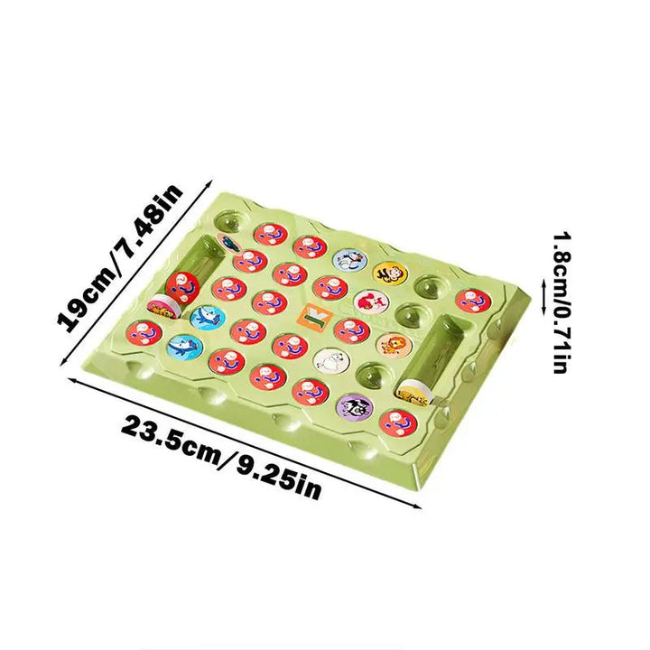 Animal memory game board with length, width, and height measurements labeled.