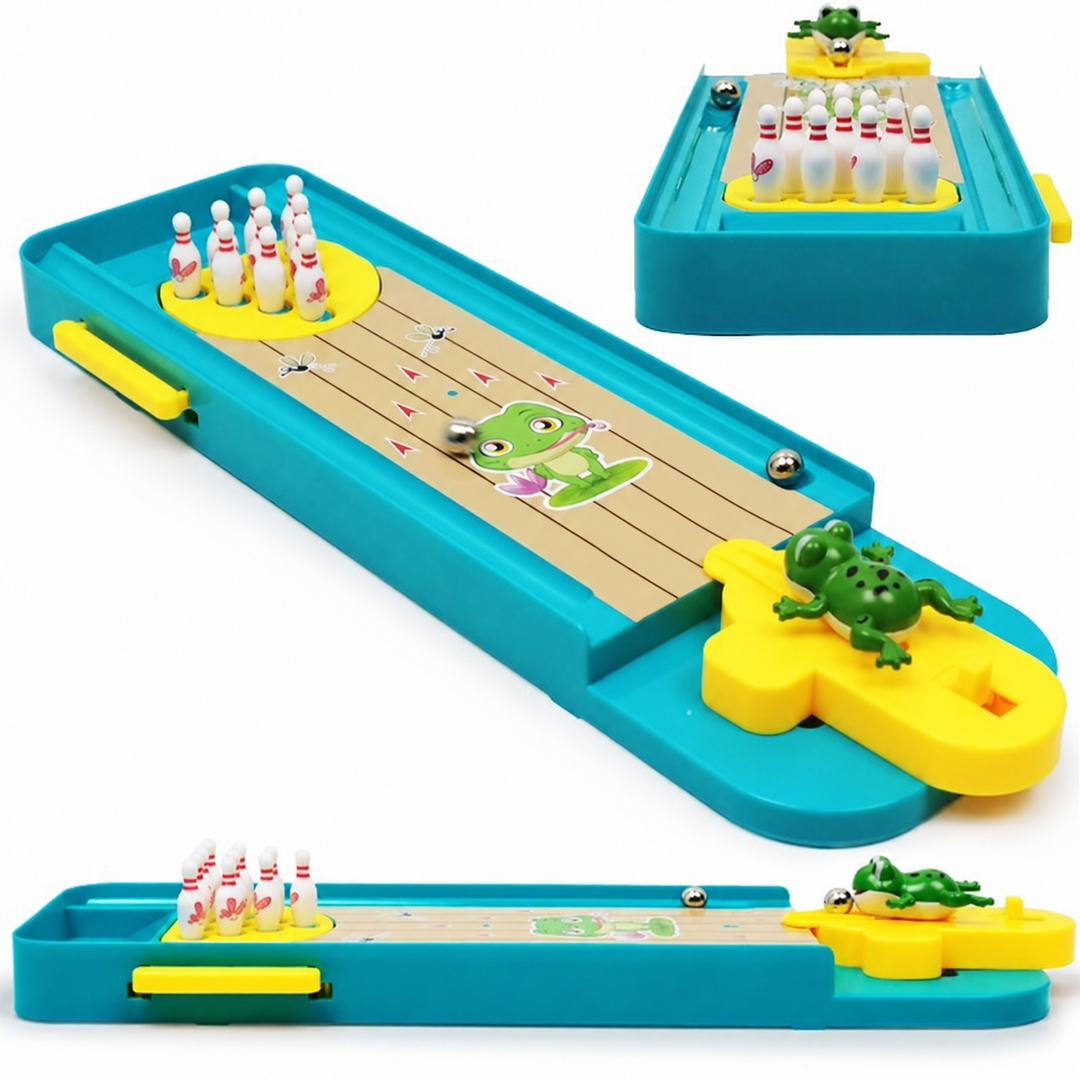 Three views of the compact bowling game showing the pins, lane, and frog launcher