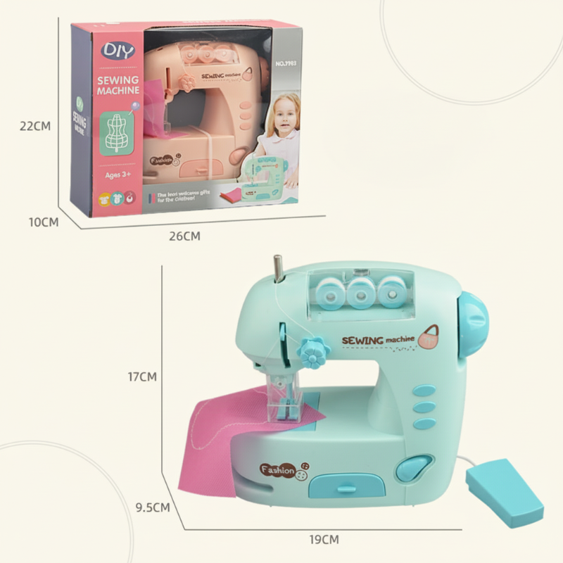 Compact green toy sewing machine beside a boxed pink model, with dimensions