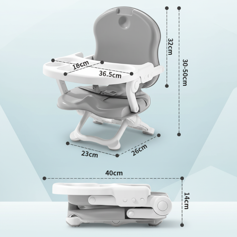 Gray high chair measurement chart showing the tray, base, height, and folded profile