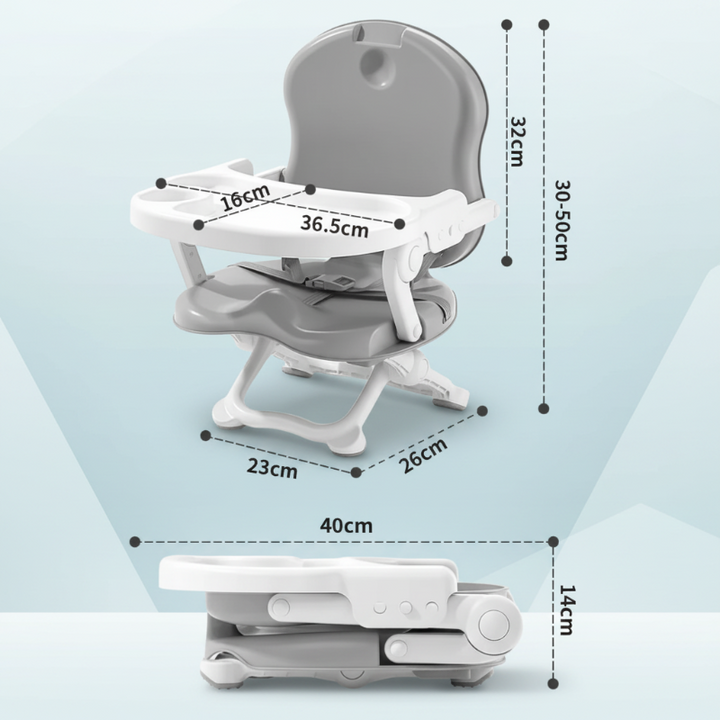 Gray high chair measurement chart showing the tray, base, height, and folded profile