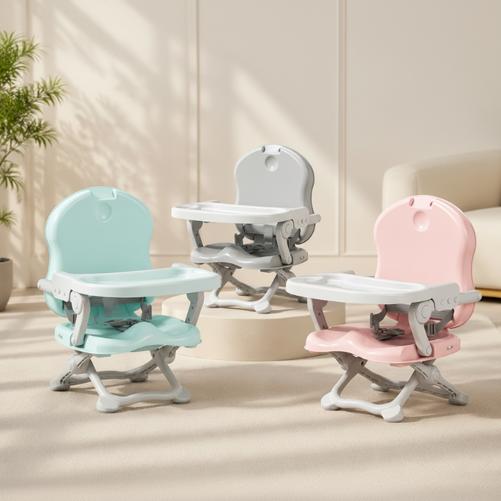 Green, gray, and pink compact high chairs with feeding trays