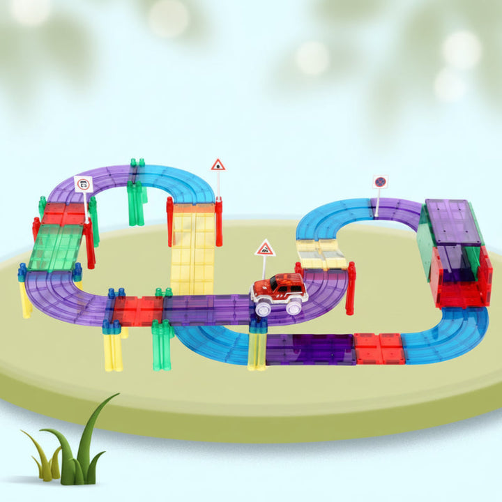 Compact magnetic road circuit with purple curves, ramps, and a red toy car