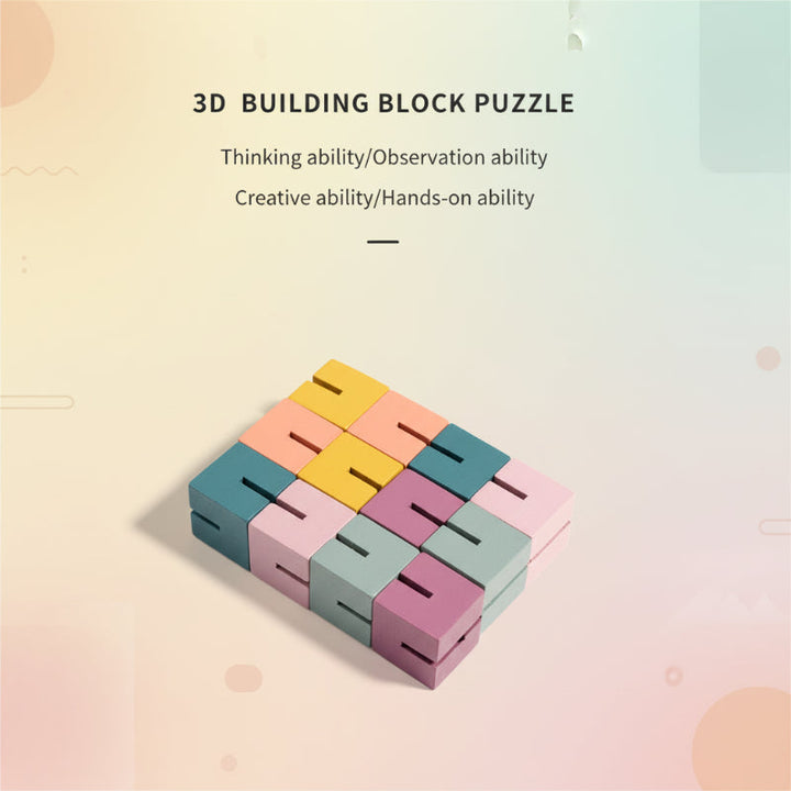 Compact folded wooden block puzzle with pink, yellow, teal, peach, and gray blocks