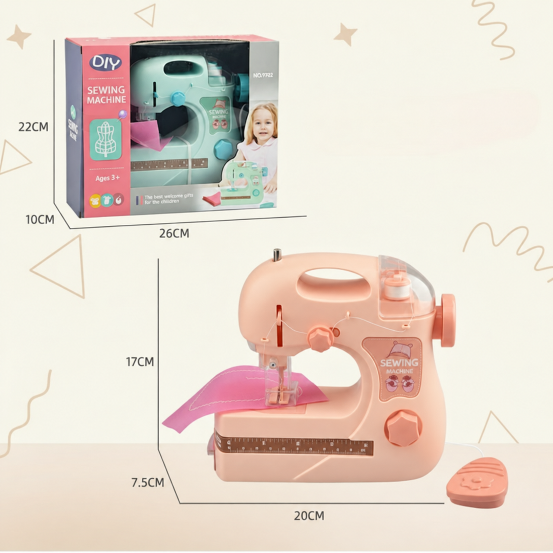 Compact pink toy sewing machine beside a boxed green model, with dimensions
