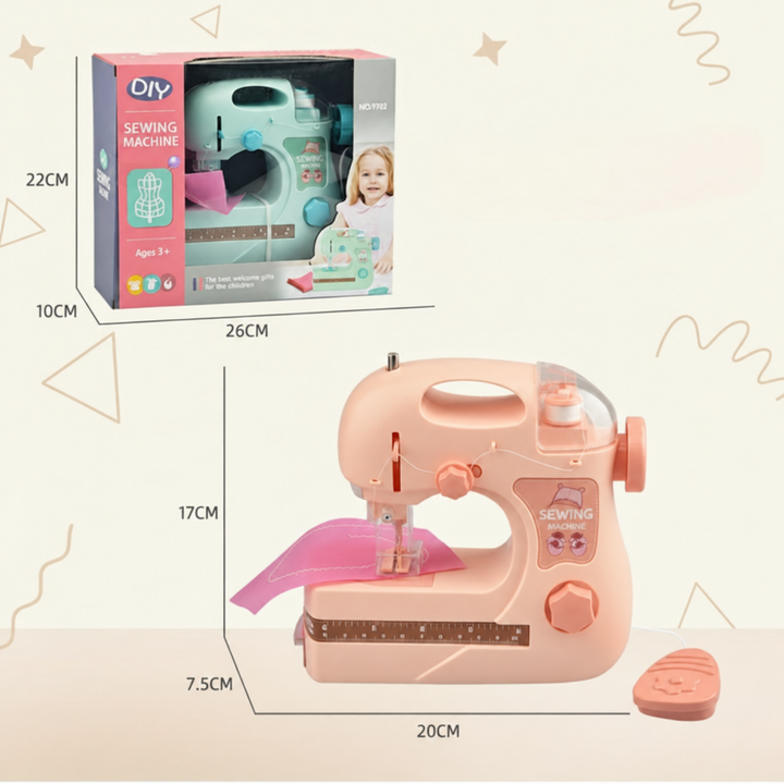 Compact pink toy sewing machine beside a boxed green model, with dimensions