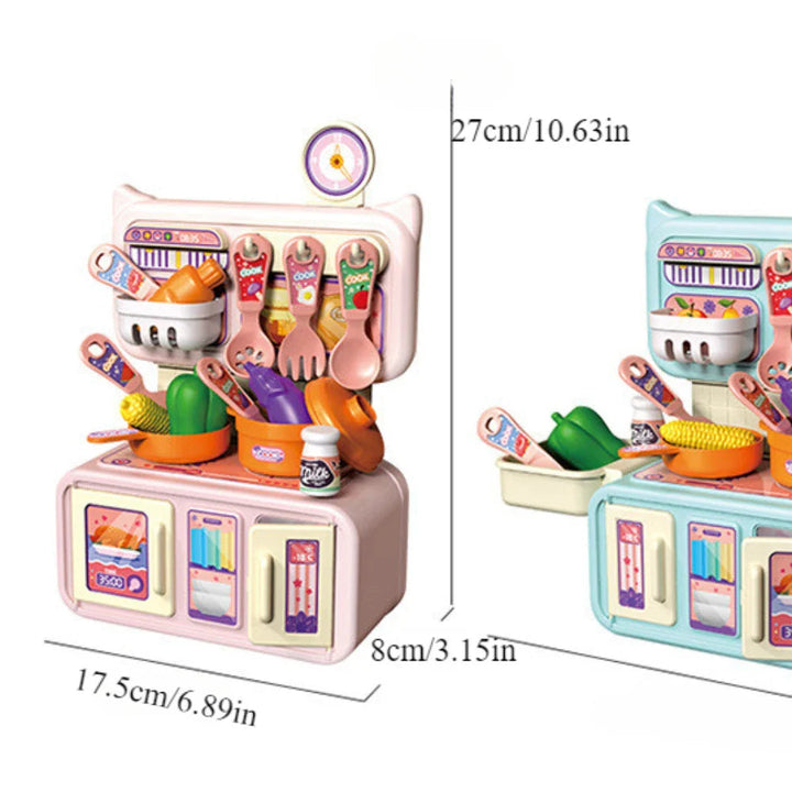 Pink play kitchen with labeled dimensions of 27 cm high, 17.5 cm wide, and 8 cm deep
