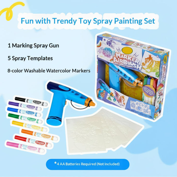 Airbrush kit contents with a blue spray gun, eight markers, five stencils, and retail box