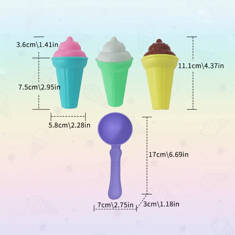 Size chart showing an 11.1 cm assembled cone and a 17 cm scoop with additional measurements