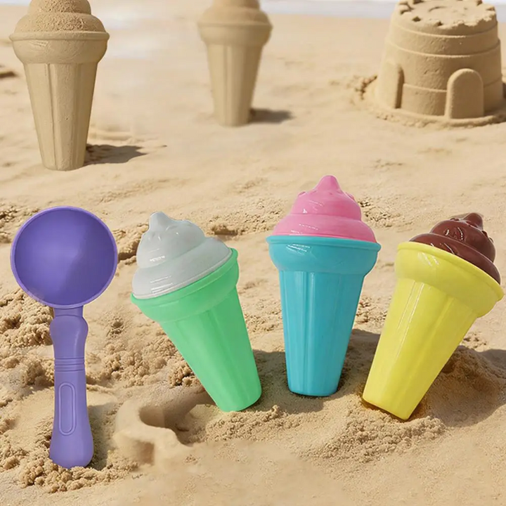 Colorful ice cream cone toys and a purple scoop in front of molded sand cones and a sandcastle