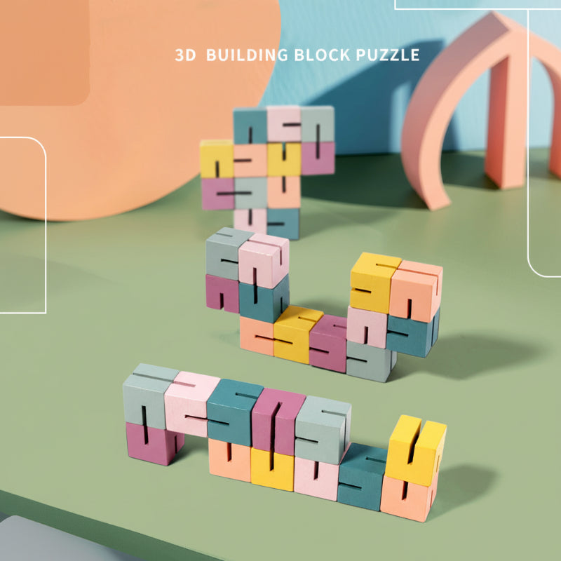 Linked pastel wooden blocks arranged into tall, curved, and low structures on a green surface