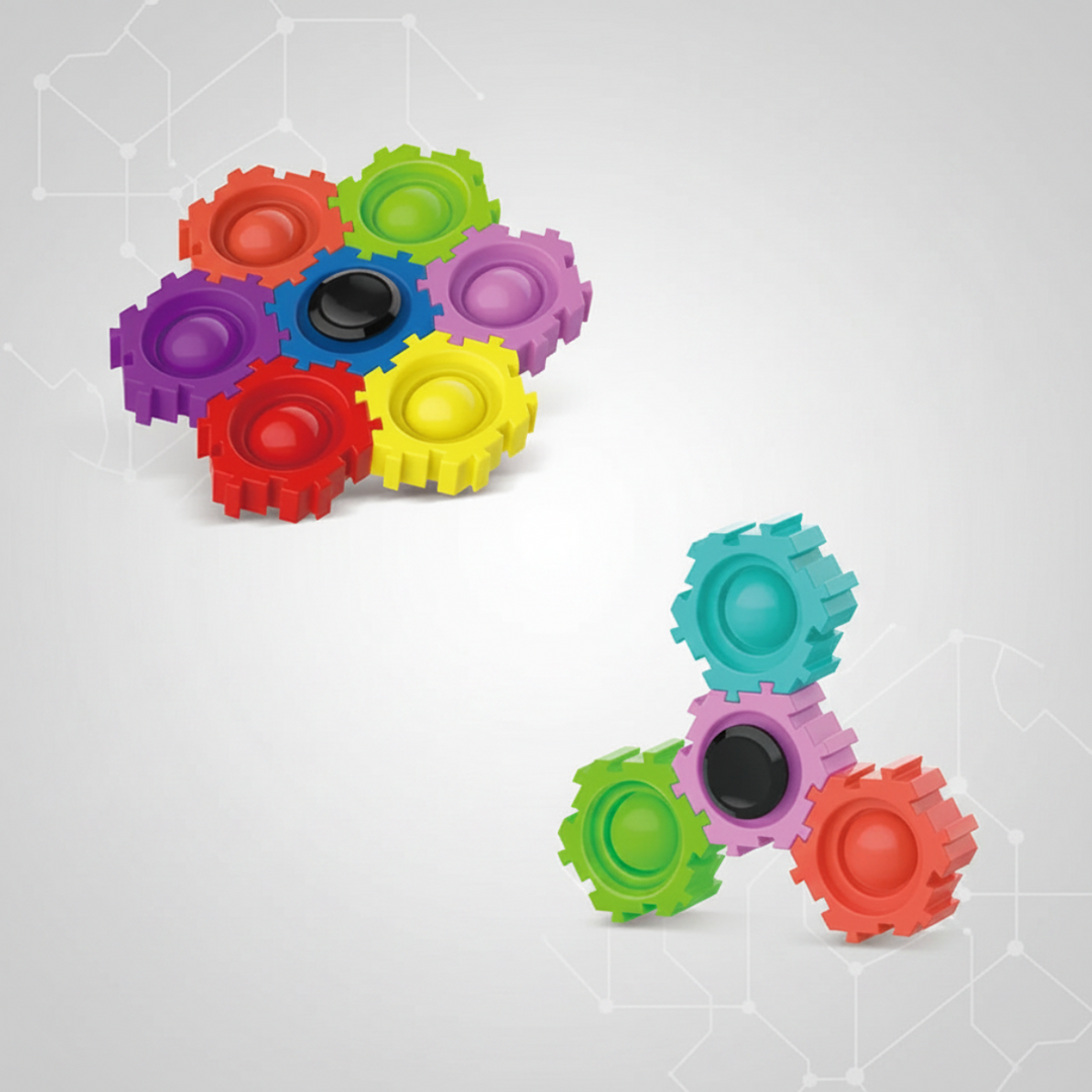 Multicolor gear pieces connected in a round cluster and a smaller branching shape.