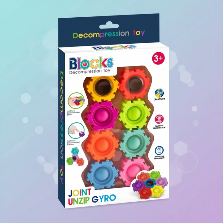 Front of the boxed multicolor gear toy with colorful pieces visible through the packaging.