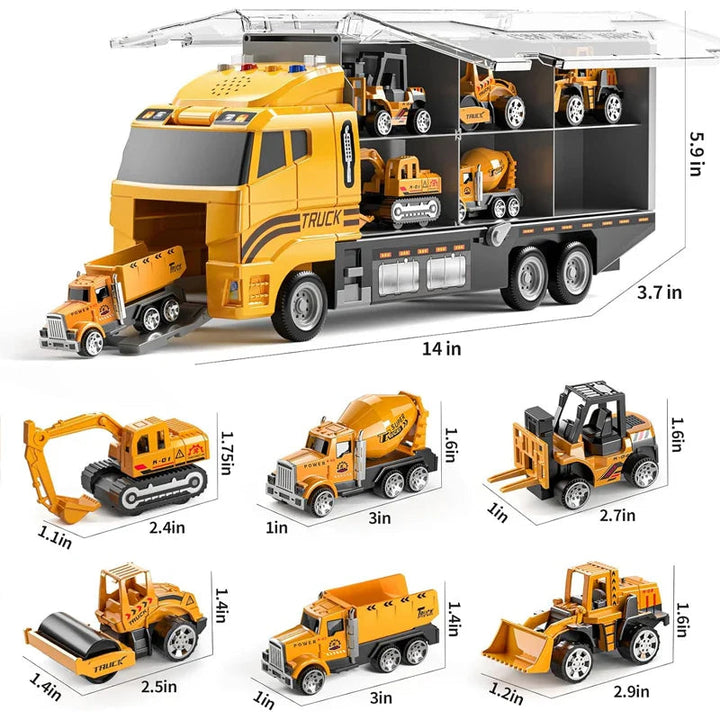 Dimensions of the yellow construction vehicle carrier and its smaller vehicles.