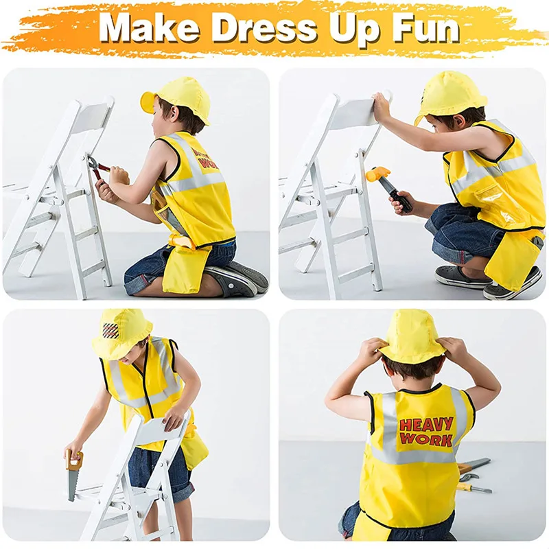 Collage of a child wearing a construction costume and using pretend tools during dress-up.