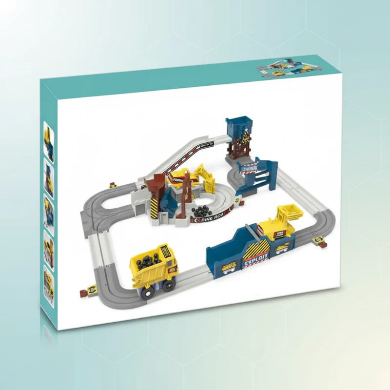 Box showing the assembled construction track set with yellow vehicles and loading stations