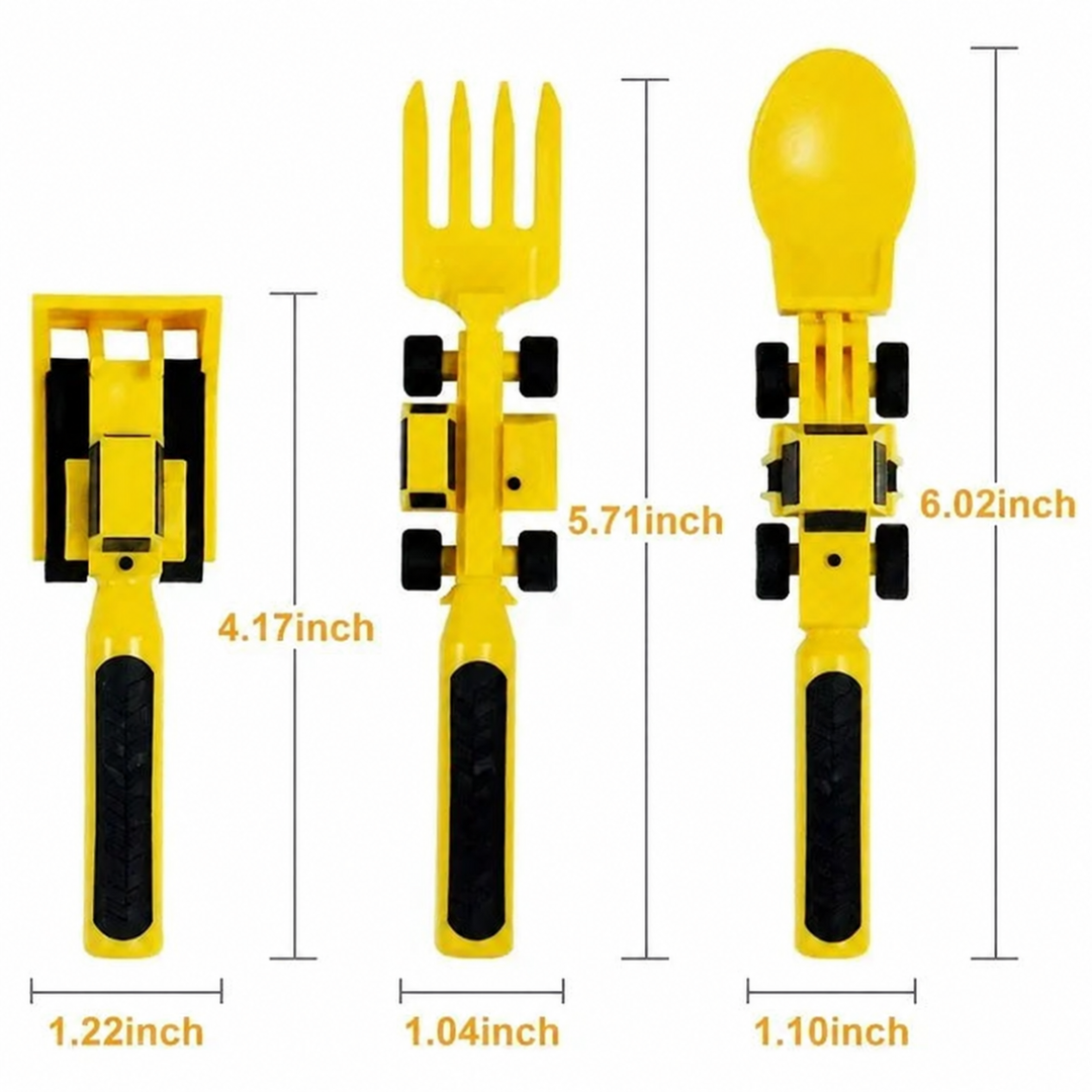 Measurement chart showing the length and width of three yellow construction-themed utensils.