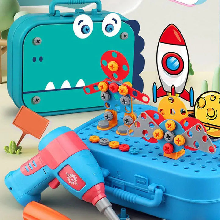 Toy drill and assembled figures on a blue building case beside a green dinosaur-themed carrying case