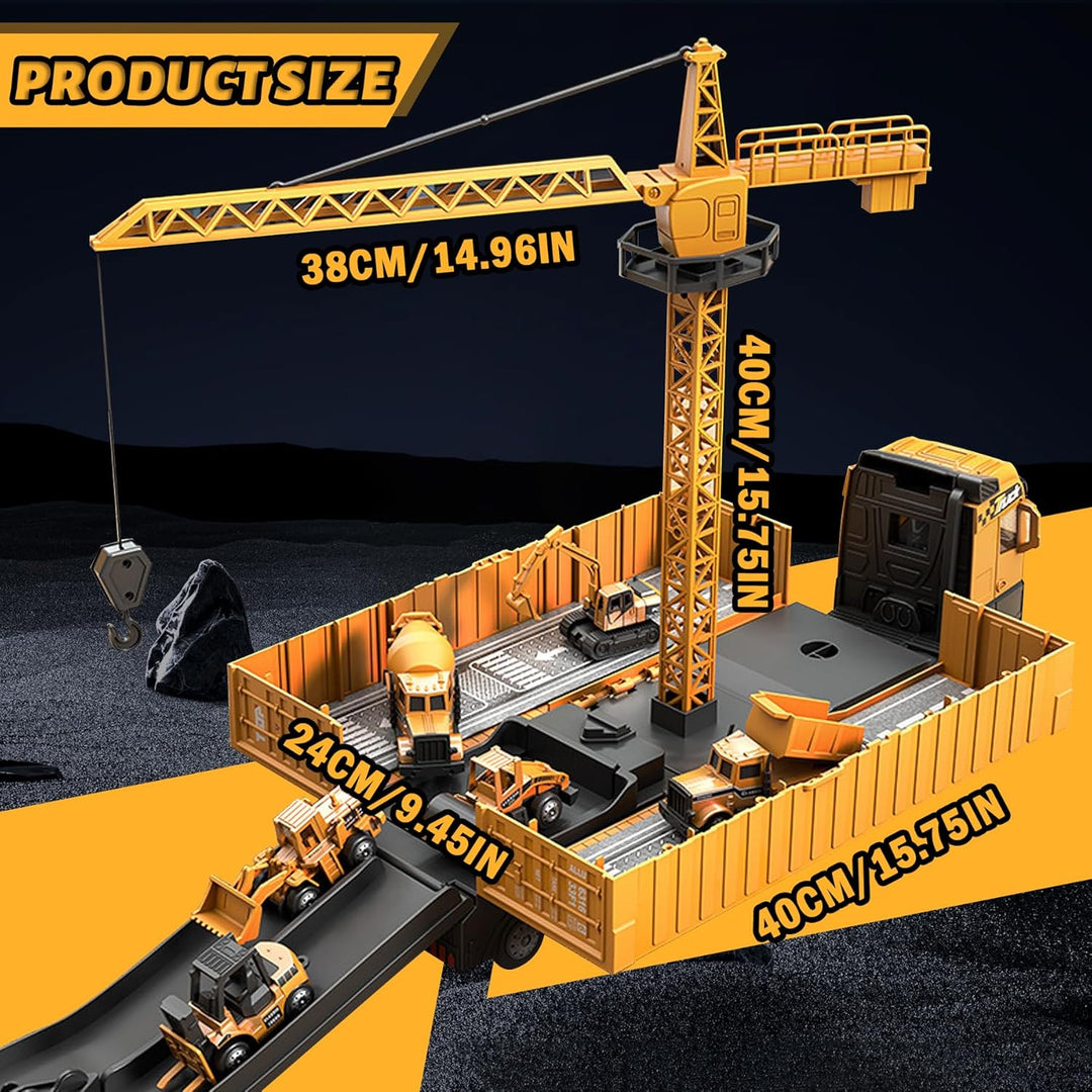 Construction playset measurement graphic showing the crane height, arm length, and play area dimensions