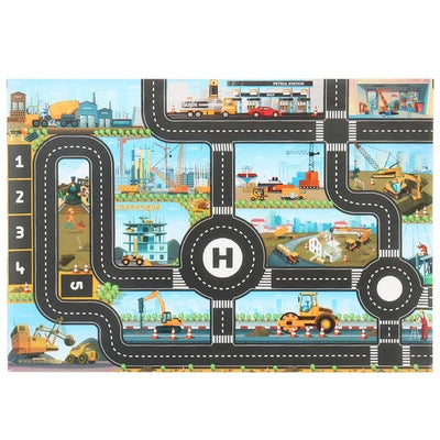 Construction-themed road play mat with worksite scenes, machinery, and winding roads